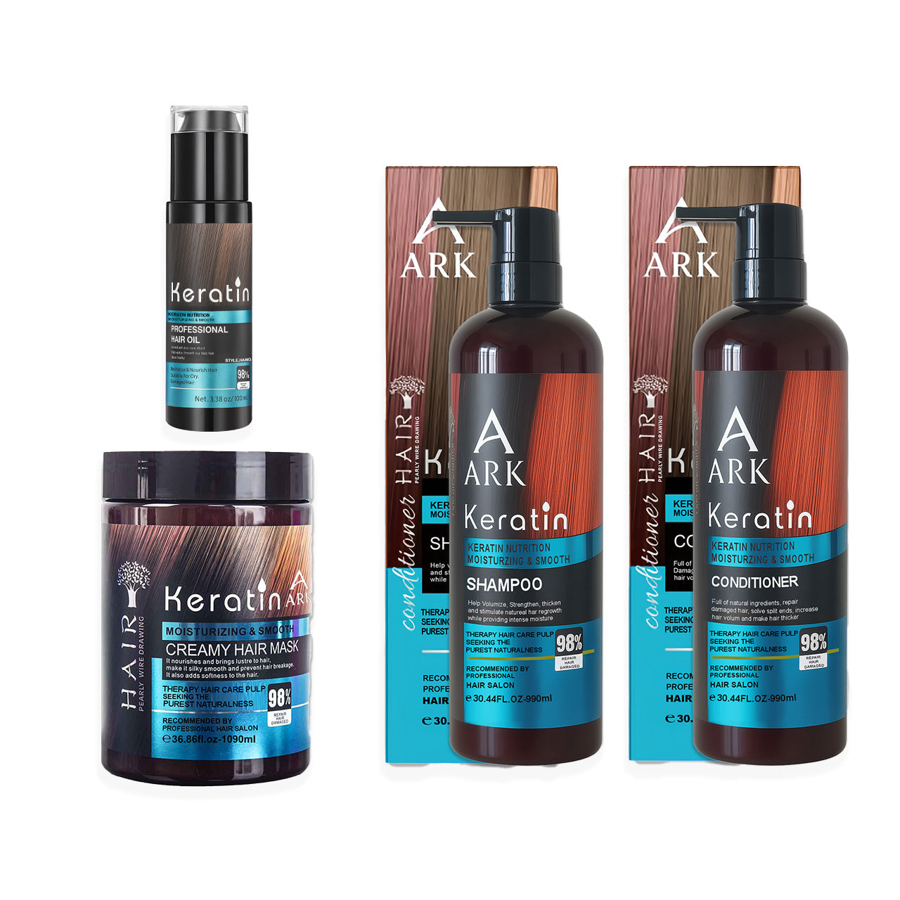 ARK 4in1 Keratin Set | Shampoo, Conditioner 990ml, Hair Mask 1090ml & Serum 100ml | Repair, Smooth, Shine, Care