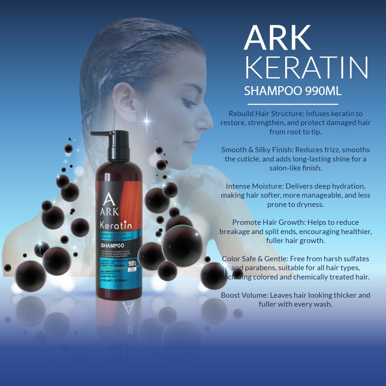 ARK Keratin Shampoo 990ml | Deep Repair, Moisturizing, Anti-Frizz, Soft & Shiny, Salon Professional, All Hair Types