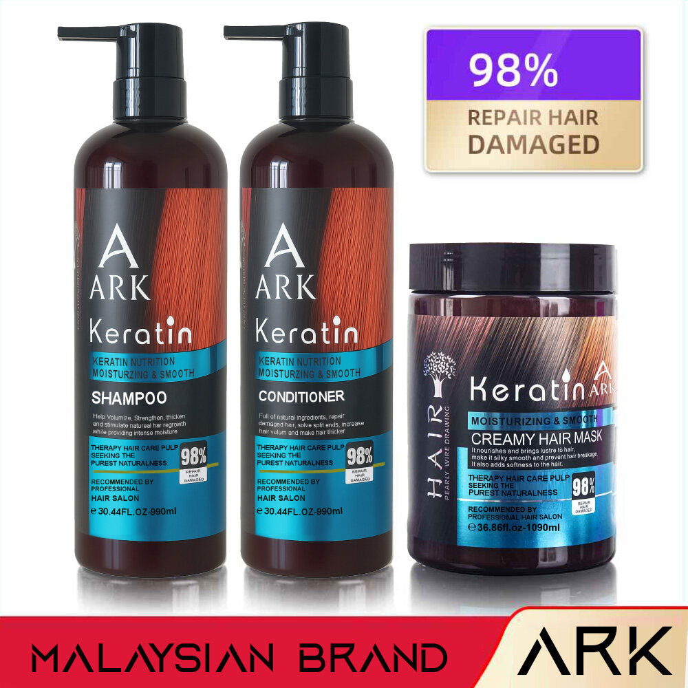 ARK Keratin Complete 3in1 Pack | 990ml Shampoo & Conditioner, 1090ml Hair Mask | Repair, Smooth, Glossy Hair