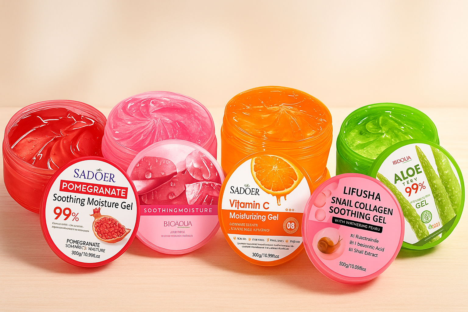 5in1 Skincare Gel Set – Pomegranate, Vitamin C, Aloe Vera, Snail & Moisturizer | Sadoer + Bioaqua + Lifusha