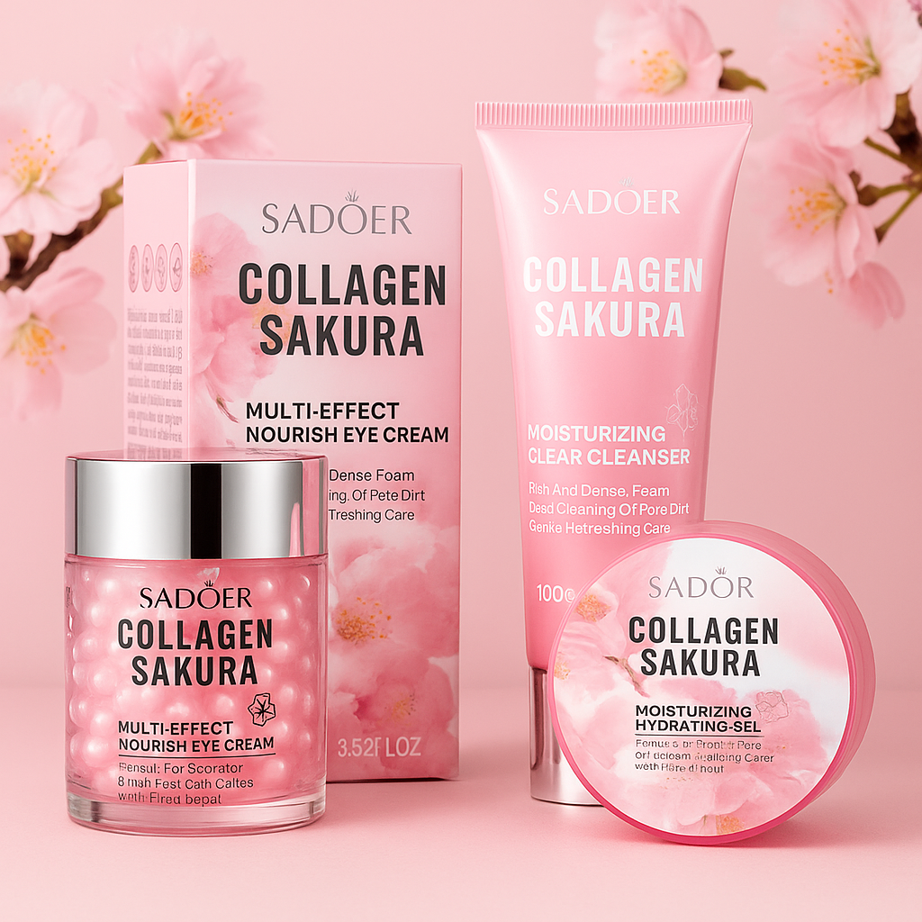 Sadoer Collagen Sakura Set – Eye Cream + Gel + Cleanser | 3in1 Anti-Aging & Brightening Care