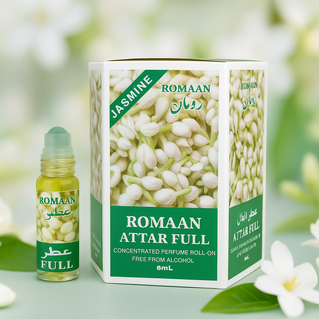 Jasmine Attar Full ROMAAN Attar Oil Perfume Set (6ml x 6pcs) – Long-lasting, Alcohol-Free Fragrance