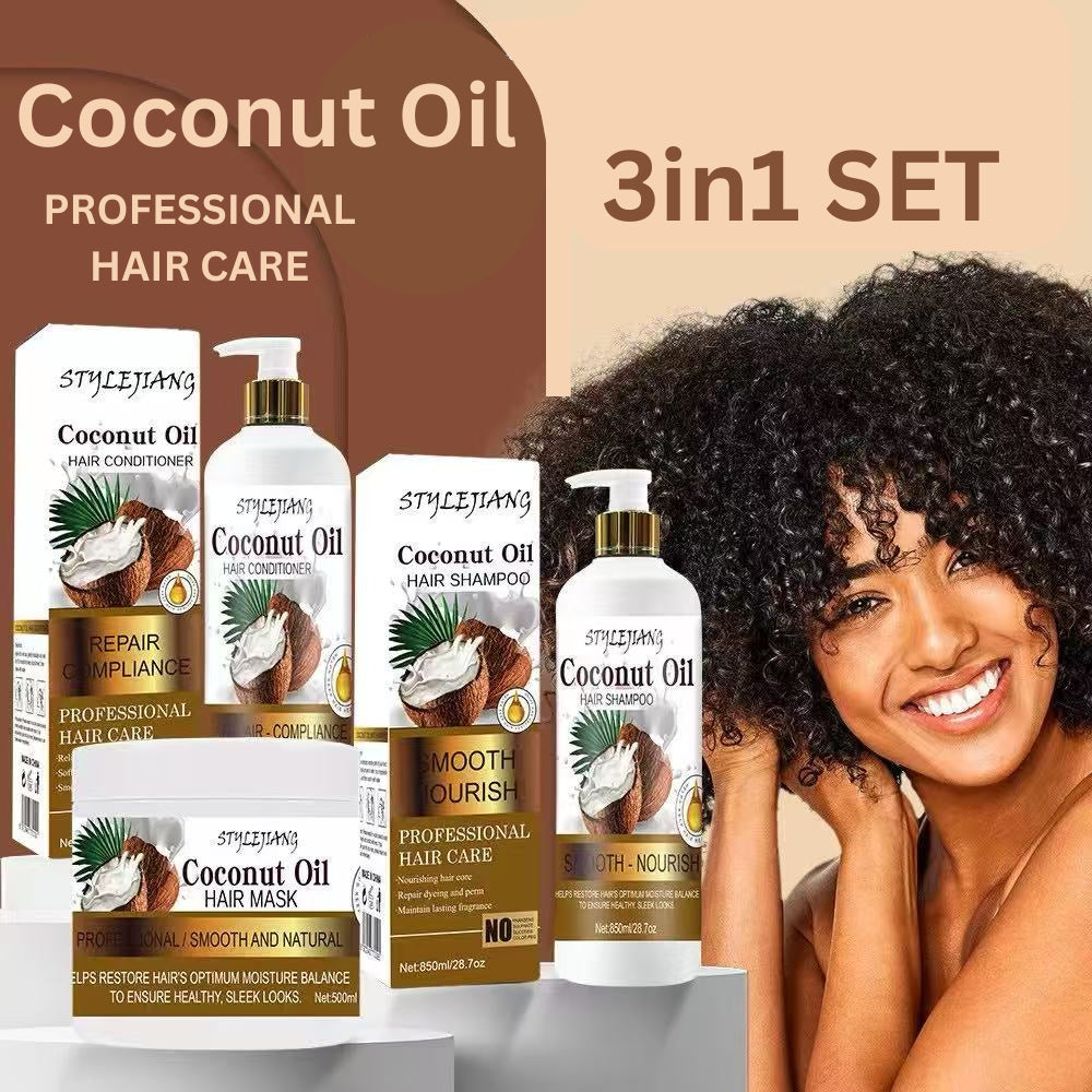 STYLEJIANG Coconut Oil Hair Care Set 3in1 with Shampoo 850ml, Conditioner 850ml & Hair Mask 500ml for Dry or Damage Hair