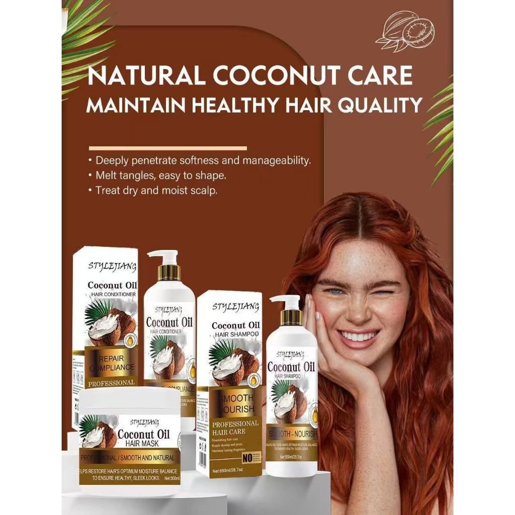STYLEJIANG Coconut Oil Hair Care Set 3in1 with Shampoo 850ml, Conditioner 850ml & Hair Mask 500ml for Dry or Damage Hair